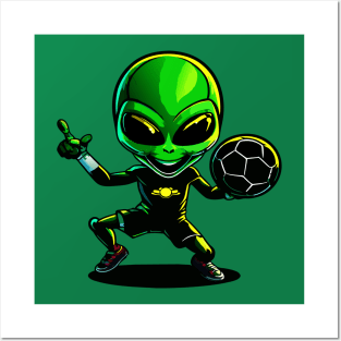 Funny Alien Holding Football Posters and Art